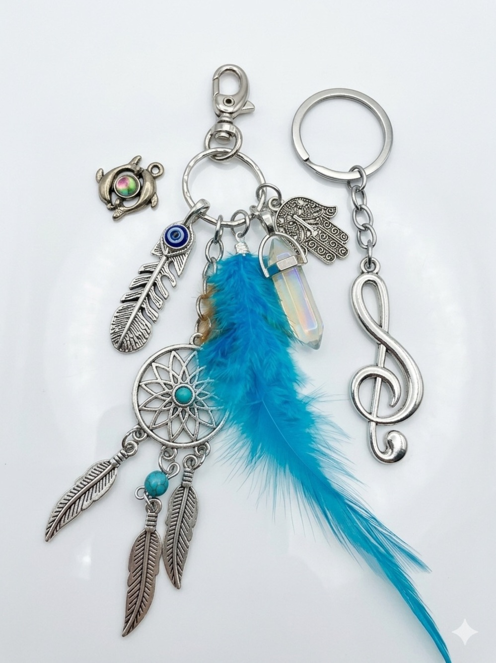 Opalite Boho Turquoise Feather Dreamcatcher Keychain Charm set